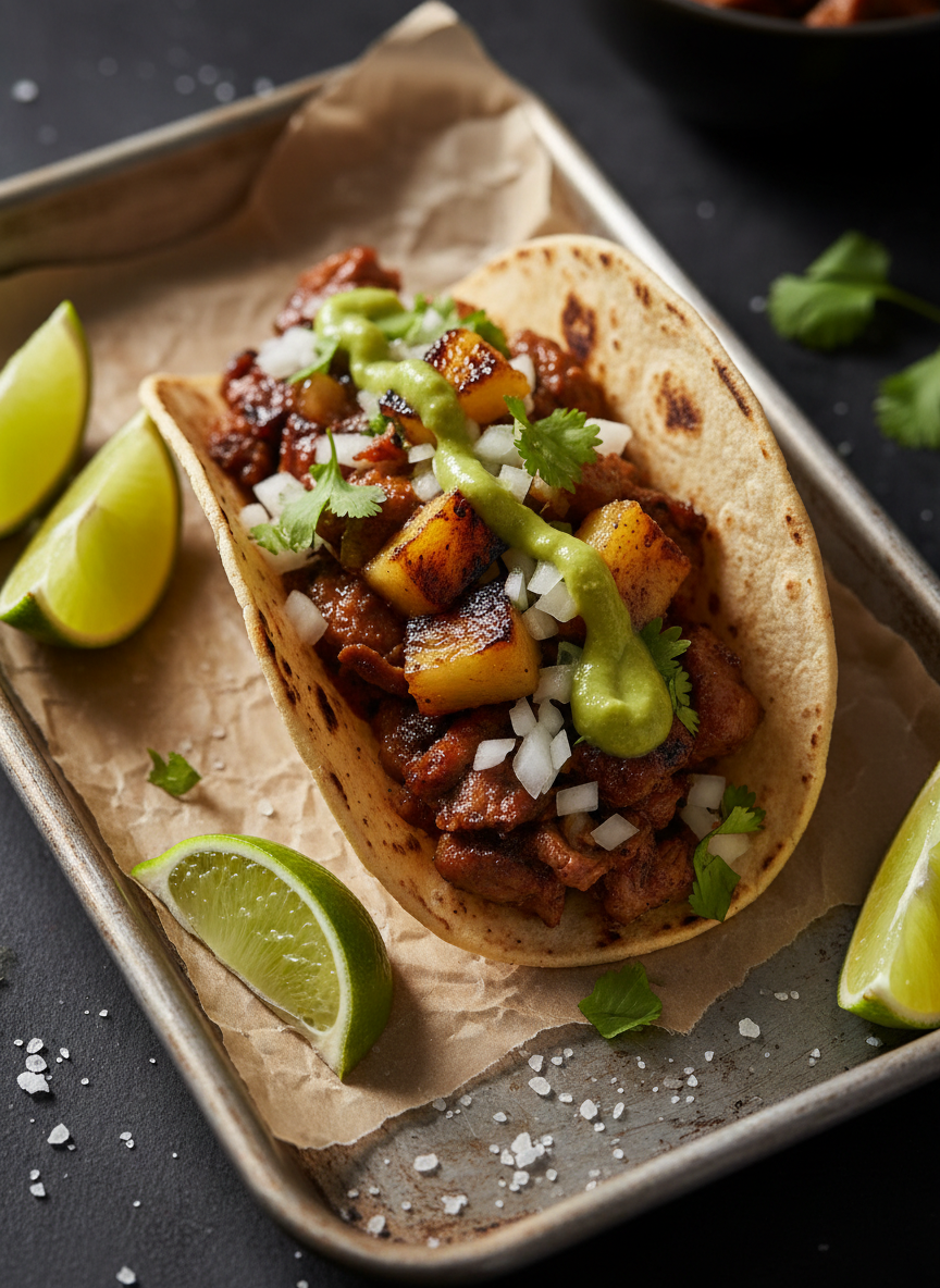 A close-up, photographic image of a single street taco held open on a small, weathered metal tray lined with brown parchment paper. The corn tortilla is slightly blistered, layered with juicy, marinated meat, finely chopped white onion, fresh cilantro, and a streak of bright green salsa, with charred pineapple chunks nestled on top. Around the tray, lime wedges and a sprinkle of coarse salt add texture and color. Dramatic side lighting from the left creates bold contrasts and a mouthwatering sheen on the meat, while the background fades into a soft, dark blur. The mood is bold and flavorful, with a modern street-food aesthetic and tight, eye-level composition that makes you feel inches away from taking a bite.