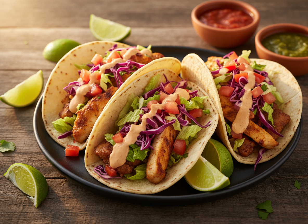 A trio of vibrant street-style tacos overflowing with colorful toppings, arranged on a matte black ceramic plate that makes every ingredient pop. Each taco shell is lightly charred, cradling juicy, perfectly seasoned fillings, crisp shredded lettuce, diced tomatoes, bright purple cabbage, and a drizzle of creamy sauce. The plate rests on a rustic wooden table with scattered lime wedges and tiny bowls of salsa in the background, softly blurred. Warm golden-hour light pours in from the side, creating glossy highlights on the tortillas and subtle shadows under the plate. Photographic realism with a playful, energetic mood, shot from a slightly elevated angle with shallow depth of field to make the tacos the undeniable star.